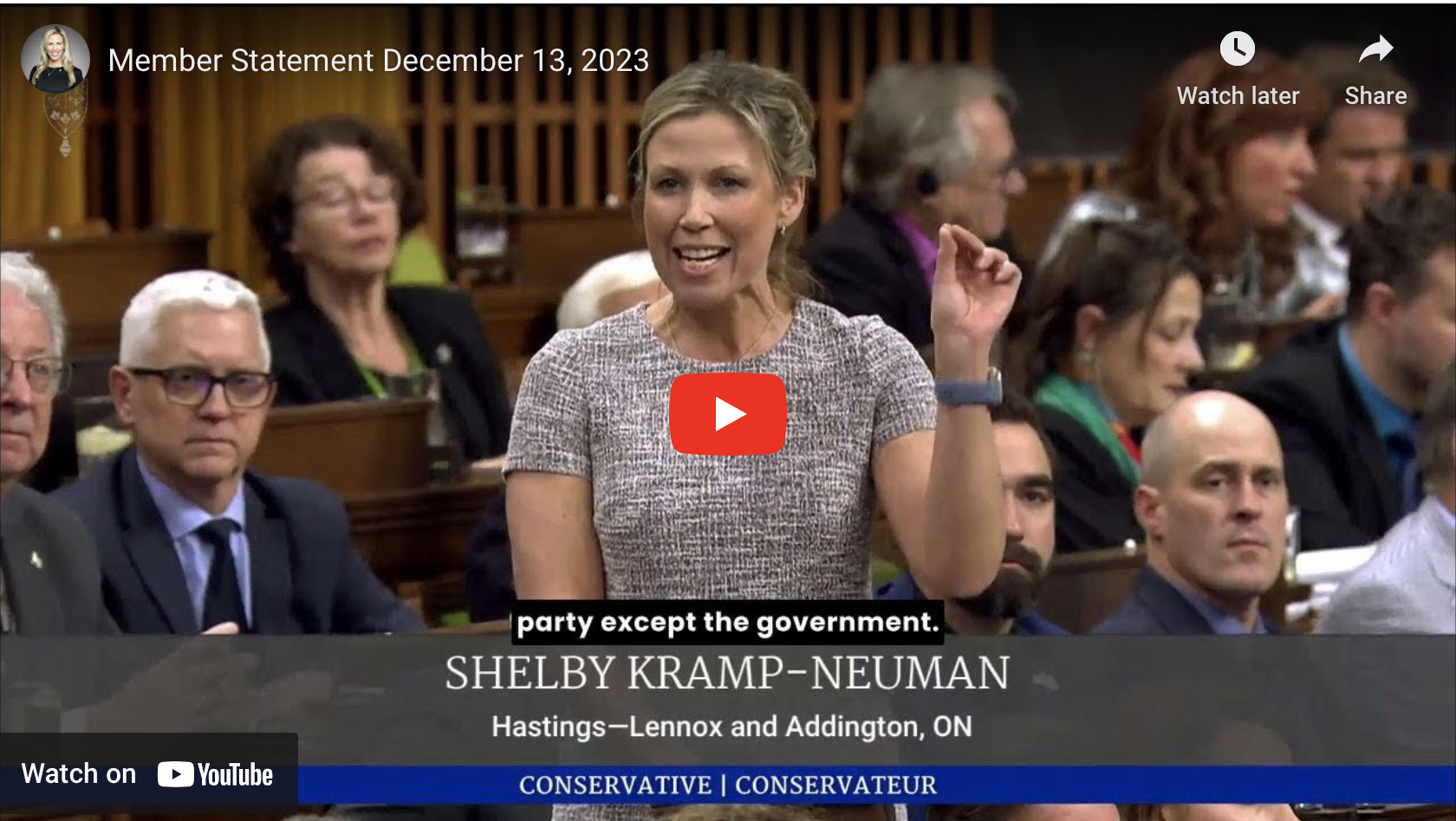 Shelby Kramp-Neuman giving a member statement in the House of Commons